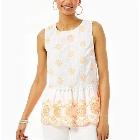 Lilly Pulitzer Lilliana Embroidered Seersucker Top in Cantaloupe.     Size: M - Picture 1 of 6